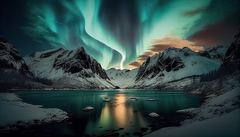 Nordlys over fjell og speilblankt vann